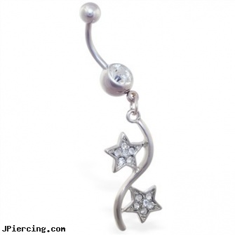 Belly ring with double pave jeweled star dangle, belly button ring, belly button piercing stories, belly ring horse, bitch tongue rings, ear piercing double multiple