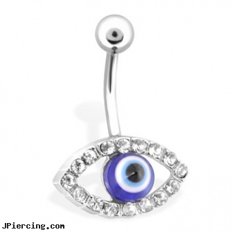 Belly Ring With Gem Paved Eye & Blue Iris, discount navel belly button rings, how to remove belly button rings, rainbow belly button jewelry, stainless steel nipple rings, nose rings with glasses