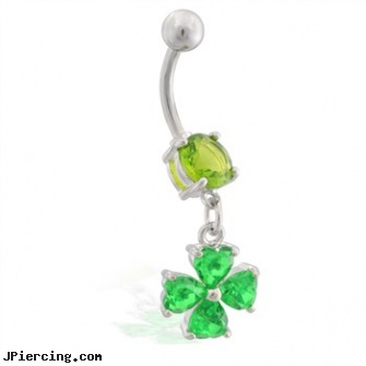 Belly ring with small dangling jeweled four leaf clover, belly button rings fairy jewlery, scorpion belly ring, bannana belly ring discount gold, infected lip rings, what kind of ear ring for first piercing