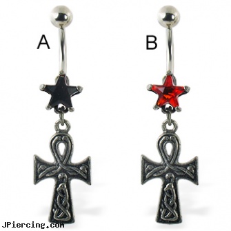 Belly ring with star and dangling ankh, diamond belly ring, flower belly ring, christmas belly rings, dark ring around nipple, nipple rings worn on the beach