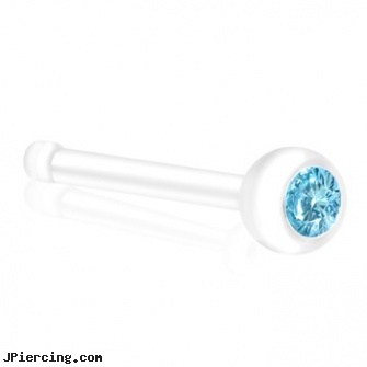 Bioplast Nose Bone with Aquamarine  Gem, 20 GA, nose studs at wholesale, nose piercing jewelery, nose ring studs, wholesale body jewelry horn and bone, wholesale body jewelry bone and marrow