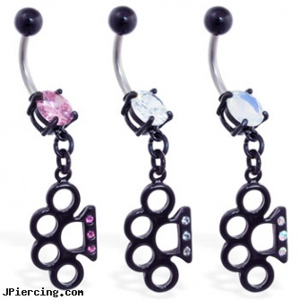 Black coated jeweled belly ring with dangling jeweled brass knuckles, black penis piercing, black female genital piercings, black line, 18g jeweled labrets, jeweled belly rings