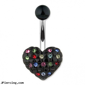 Black Heart Navel Ring With Multi-Colored Gems, black onyx navel ring, black clitoris, black labret, heart tattoos, steel my heart jewlry