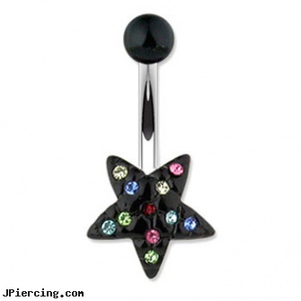 Black star navel ring with multi-colored gems, black body jewelry, piercing jewelry black, black line titanium body jewelry jewelry nipple, star piercings, star tongue barbells