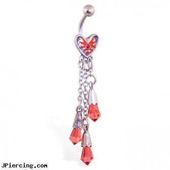 Bloody heart navel ring with dangling chains and red crystals, body jewelry blue heart, dangling heart belly button ring, heart tattoos, tongue piercing navel piercing, fancy navel jewelry