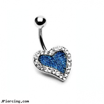 Blue denim jeweled heart navel ring, body jewelry blue heart, black and blue titainum tongue rings, jeweled labrets, 18g jeweled labrets, jeweled navel slave rings