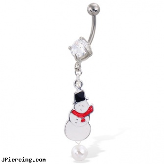 Christmas Belly Button Ring with Dangling Snowman, christmas belly rings, christmas belly button rings, christmas body jewelry, belly button pictures, belly piercings danger