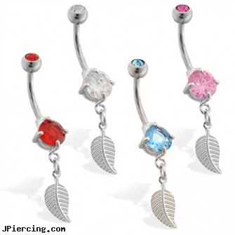 Double jeweled belly ring with small dangling leaf, double belly ring, double cock ring, ear piercing double multiple, jeweled belly rings, jeweled labrets