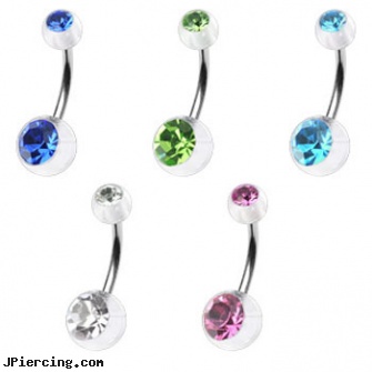 Double jeweled clear colored belly ring, double slave tongue ring, double navel piercing, double tongue piercing pictures, jeweled navel slave rings, 18g jeweled labrets