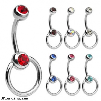 Double jeweled door knocker belly ring, double naval piercings, double captive ring body jewelry, double steel cock rings, 18g jeweled labrets, jeweled labrets