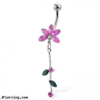 Flower belly button ring with gems and leaves on a dangle, flower fishtail labret, flower belly ring, flower pics, belly ring pictures, navel rings belly button