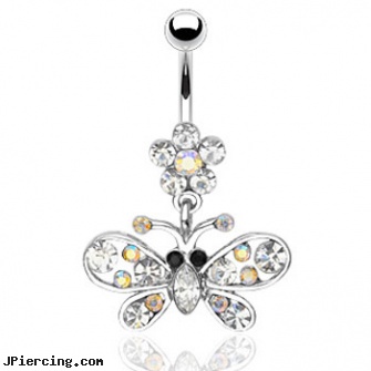 Flower navel ring with multi-gemmed dangling butterfly, flower shaped labret jewerly, flower pics, flower fishtail labret, navel ring pain, belly button rings navel jewelry