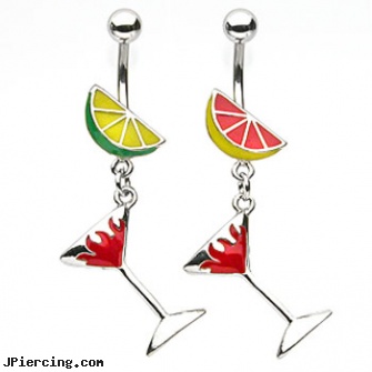 Fruit navel ring with dangling flaming martini glass, fruity belly button rings, egyptian egypt navel rings, non-piercing navel rings, titanium slave navel jewelry, electro sex cock ring