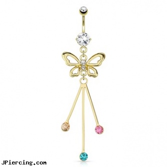 Gemmed Butterfly with Protruding Colored Gems Dangle Gold Tone Navel Ring, butterfly pics, uv butterfly gem navel belly ring, 14 butterfly belly rings photos, colored heavy gauge tongue barbells, flesh colored tongue ring