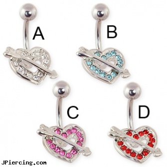 Heart and arrow navel ring, pink heart belly ring, steel my heart jewlry, dangling heart belly button ring, wholesale body jewelry bone and marrow, navel piercing infection