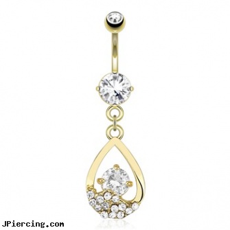 Hollowed Tear Drop with Paved Gems And Attached Large CZ In The Middle Dangle Gold Tone Navel Ring, chrome inch teardrop metal cock ring, teardrop cock ring catalog, teardrop cock ring, gemstone belly button barbells, gems