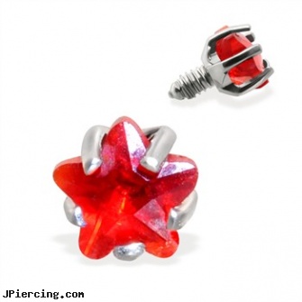 Internally Threaded Star Dermal Top, 14GA, 3mm, Red, internally threaded body jewelry, internally threaded body piercing jewelry, belly ring titanium internally threaded, threaded ring nipple, how to get started making body jewelry