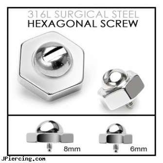 Internally Threaded Surgical Steel Dermal Anchor Hexagon Screw Nut Top, internally threaded body jewelry, internally threaded straight barbells, internally threaded body piercing jewelry, threaded ring nipple, surgical steel flat disc nose stud