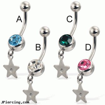 Jeweled belly button ring with dangling gemmed star, gold jeweled labret ring, jeweled labrets, 18g jeweled labrets, horizontal belly jewelry multiple piercing, tinkerbell belly button ring