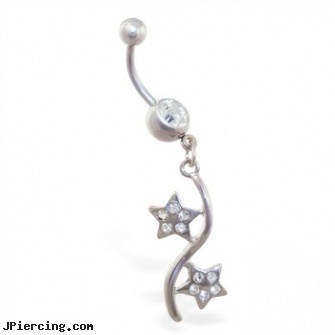 Jeweled belly button ring with double pave jeweled star dangle, jeweled labrets, jeweled belly rings, 18g jeweled labrets, moving belly button rings, dangle belly button rings