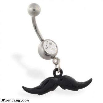 Jeweled belly ring with Dangling Black Mustache, 18g jeweled labrets, jeweled navel slave rings, jeweled belly rings, rhinestone dimple ball charm belly ring, 10 gauge belly rings