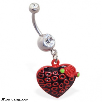 Jeweled belly ring with dangling leopard print heart with rose, 18g jeweled labrets, gold jeweled labret ring, jeweled belly rings, white gold belly ring, reasons for belly button piercings