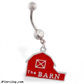 Jeweled belly ring with dangling red barn, jeweled labrets, jeweled belly rings, 18g jeweled labrets, gemstone belly button jewelry, belly button piercings information