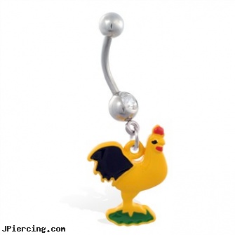 Jeweled belly ring with dangling rooster, gold jeweled labret ring, jeweled labrets, jeweled belly rings, penis belly piercings, clear belly button ring