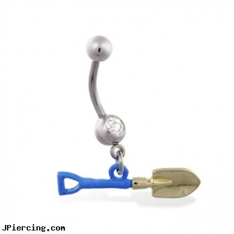 Jeweled belly ring with Dangling Shovel, 18g jeweled labrets, jeweled navel slave rings, jeweled labrets, infected belly piercing, belly ring and body jewlery