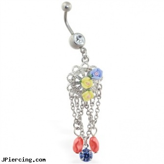 Jeweled belly ring with flower dangles and chains, 18g jeweled labrets, jeweled navel slave rings, jeweled labrets, lena katina- belly button piercing, piercing belly button