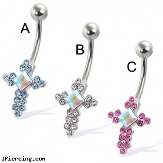 Jeweled cross navel ring, jeweled navel slave rings, jeweled labrets, gold jeweled labret ring, cross tattoos, cross belly rings