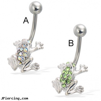 Jeweled frog belly button ring, jeweled belly rings, jeweled navel slave rings, gold jeweled labret ring, frog tongue rings, frog navel rings