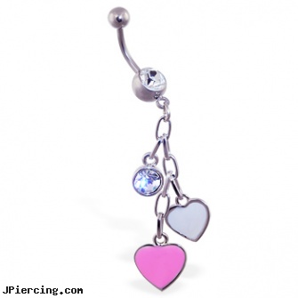 Jeweled navel ring with dangling heart and gem charms, 18g jeweled labrets, gold jeweled labret ring, jeweled belly rings, navel piercing do it yourself, body piercing nipple navel