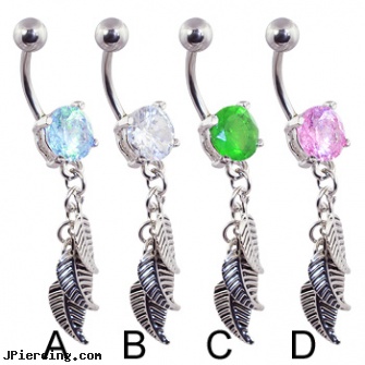 Jeweled navel ring with dangling leaves, jeweled belly rings, jeweled navel slave rings, jeweled labrets, navel piercing infection, sterling silver navel ring