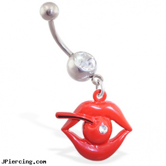 Jeweled navel ring with dangling lips and cherry, jeweled belly rings, 18g jeweled labrets, jeweled labrets, piercing navel take it out scar, infected navel piercings