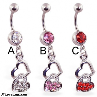 Jeweled navel ring with double heart dangle, jeweled belly rings, jeweled navel slave rings, 18g jeweled labrets, 6mm navel ring, how to treat infected navel piercings