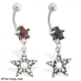 Jeweled star navel ring with dangling pentacle star, jeweled navel slave rings, jeweled labrets, 18g jeweled labrets, how to get started in body peircing, body jewlery ear piercing plugs getting started