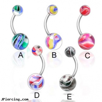 Multi-colored marble navel ring, multiple piercing navel rings, horizontal belly jewelry multiple piercing, multiple ear piercing, colored nipple barbells, ear piercing flesh colored hider jewlery