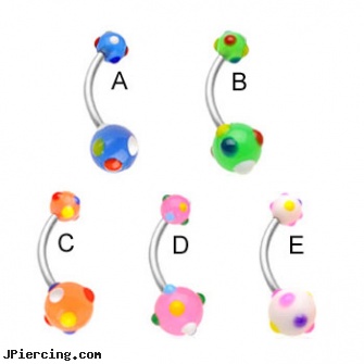 Navel ring with acrylic multi-color polka dot balls, fake navel rings, 14 navel ring, diamond navel ring, use tongue ring for oral, tongue ring