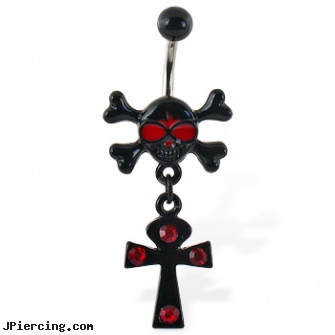 Navel ring with black skull and dangling black cross, navel accesories, pictures of navel piercings with tattoos, pregnant navel rings, washington redskins belly ring, christina aguileras clit ring