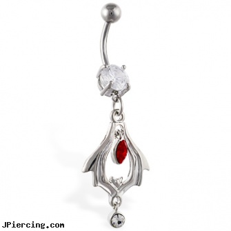 Navel ring with dangling bat tribal design with red and clear stone, the different type of navel piercings pictures shown, dangling navel ring, black onyx navel ring, spider tongue rings, cock ring wearing instructions