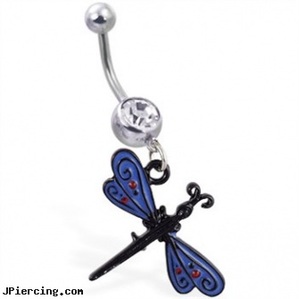 Navel Ring with Dangling Black And Blue Dragonfly, piercing navel take it out scar, free navel jewelry, navel rings pisces, 16 gauge belly rings, 14k gold belly button ring