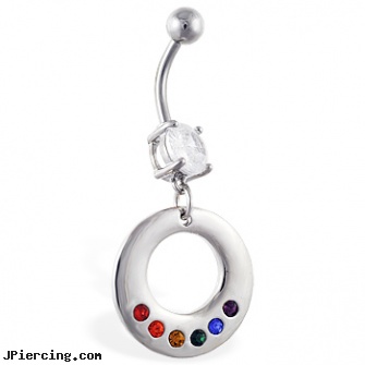 Navel ring with dangling circle with rainbow gems, hand made navel rings, egyptian egypt navel rings, navel piercing do it yourself, mulitple body piercings and hiring, leather cock rings