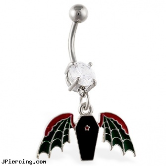 Navel ring with dangling coffin with wings, navel belly jewelry, navel shields, navel piercing pic, college belly button rings, eye brow rings