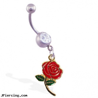 Navel ring with dangling colored rose, 14 gauge 16 navel rings, navel jewelry, piercing navel and photographs, how to change belly ring, custome made tongue rings