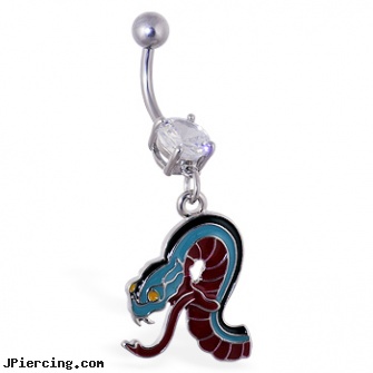 Navel ring with dangling colorful serpent, white gold top down navel rings, navel piercings done at captive bead in rahway nj, lizard or gecko navel or belly button jewelry or ring, turquoise nose ring, versace nipple ring