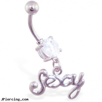 Navel ring with dangling cursive \"Sexy\", antique navel rings, fairy navel rings, standard size navel piercing, proper way to ware cock rings, dallas cowboys logo nipple ring