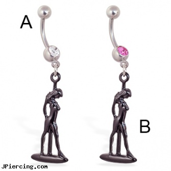 Navel ring with dangling dancer silhouette, cons to navel piercings, spiral navel ring, navel piercings, ariana nipple ring, flower belly ring