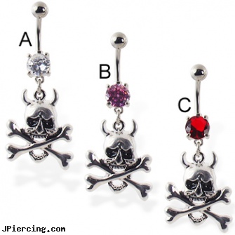 Navel ring with dangling devil skull with bones, navel piercing rejecting, titanium navel belly rings, change navel piercing, fake lip ring, information on penis rings