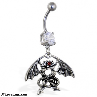 Navel ring with dangling entwined dragons, nickel free navel rings, 14 gauge navel rings, navel piercing care, how to size cock ring, pierceless clit rings